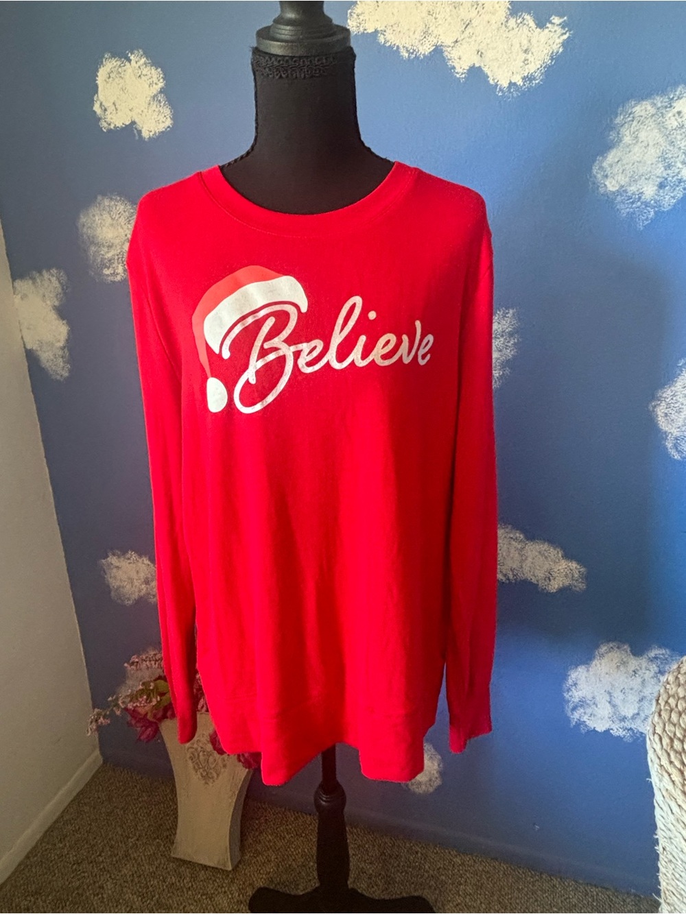 Holiday Time Red 'Believe' Long-Sleeve Sweatshirt with Side Slits, Size Large